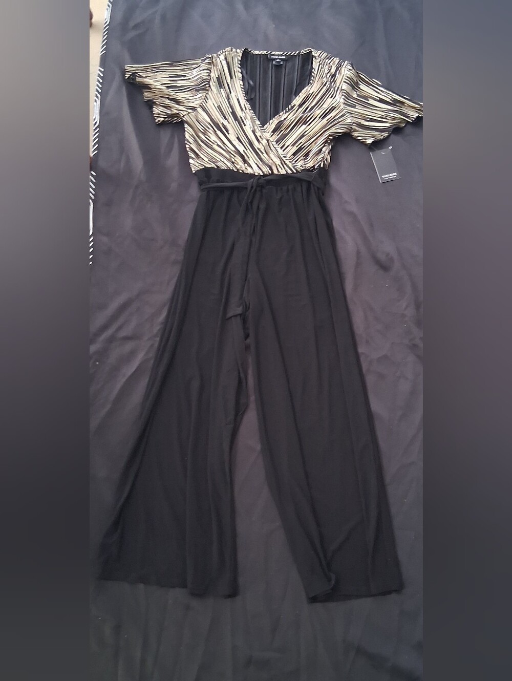 Striped Wrap Bodice Black Wide-Leg Jumpsuit Brand Vivid AURA SIZE S PRICE $ 28
